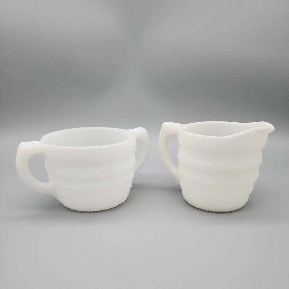 VTG Hazel Atlas Milk Glass Creamer & Sugar Beehive Fine Ribbed White Cira 1940's